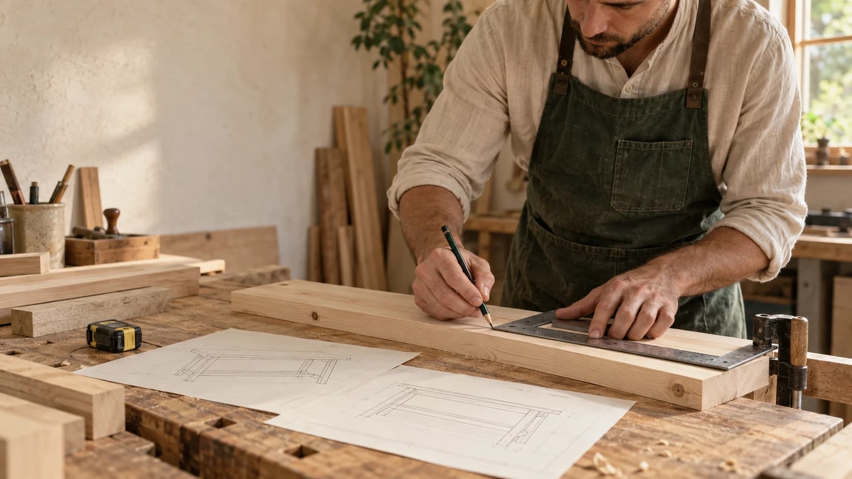 Handwerker misst und markiert Holz in der Werkstatt